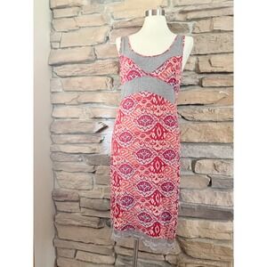 Sundance Red Ikat Medallion Lace Trim Modal Tank Midi Dress Womens 12 Sleeveless